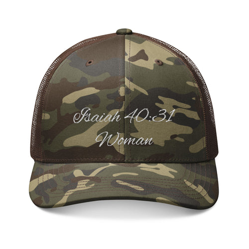 Camo Trucker Hat — "Isaiah 40:31 Woman" Embroidered Cap