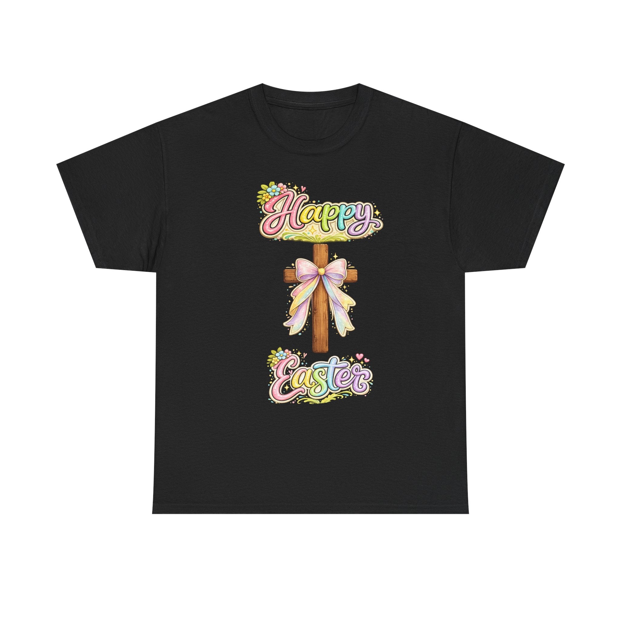 Easter Cross T-Shirt – "Happy Easter" Pastel Floral Holiday Tee