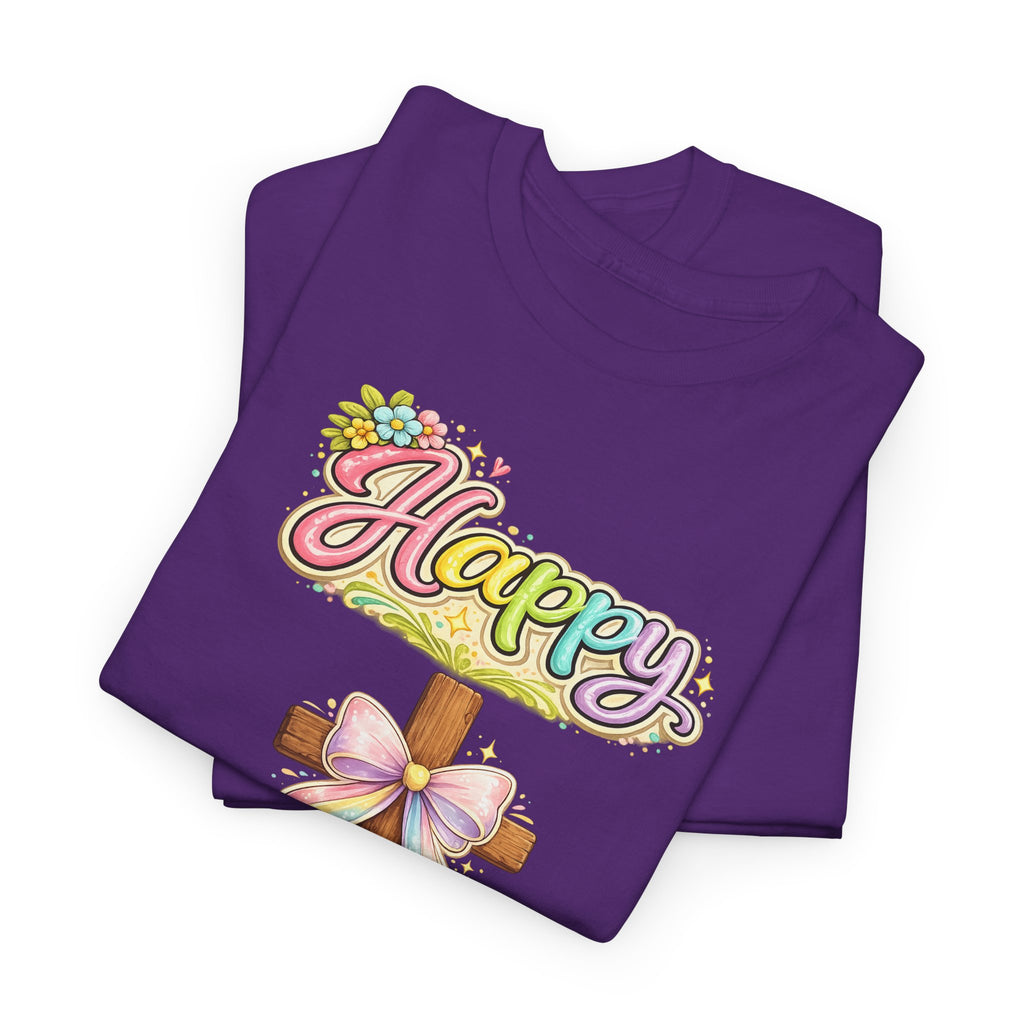 Easter Cross T-Shirt – "Happy Easter" Pastel Floral Holiday Tee