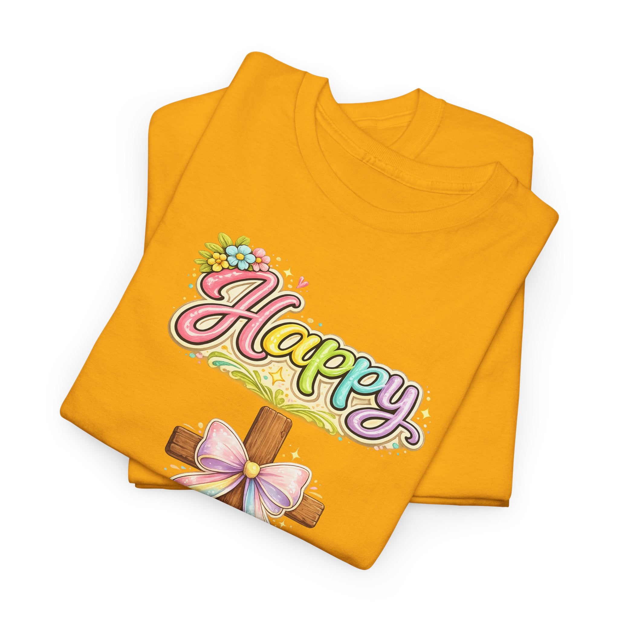 Easter Cross T-Shirt – "Happy Easter" Pastel Floral Holiday Tee