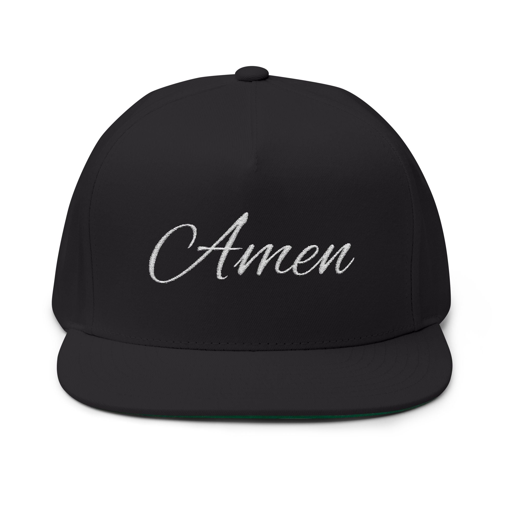 Amen Embroidered Flat Bill Cap — Religious Script Snapback Hat