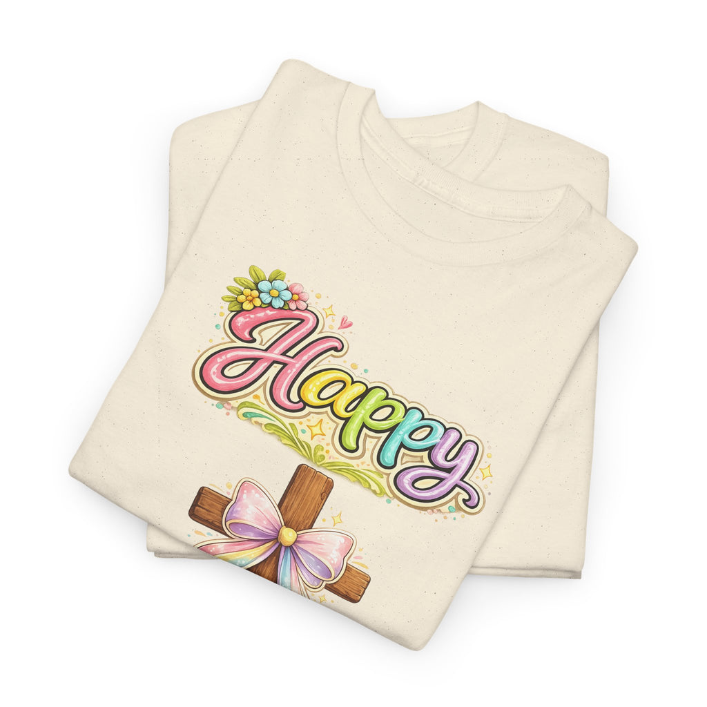 Easter Cross T-Shirt – "Happy Easter" Pastel Floral Holiday Tee