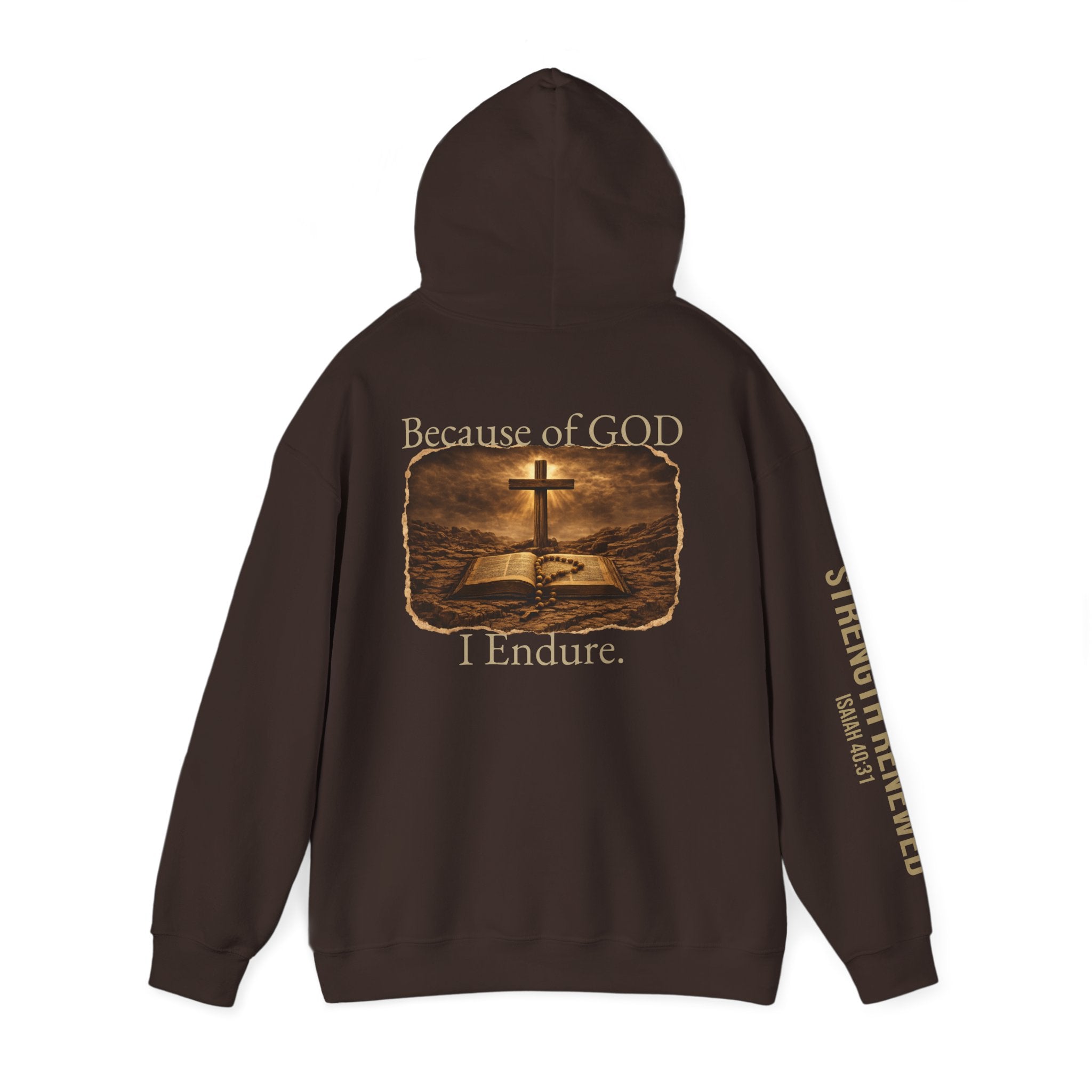 Christian Hoodie — "Because God I Endure" Cross & Bible Faith Pullover