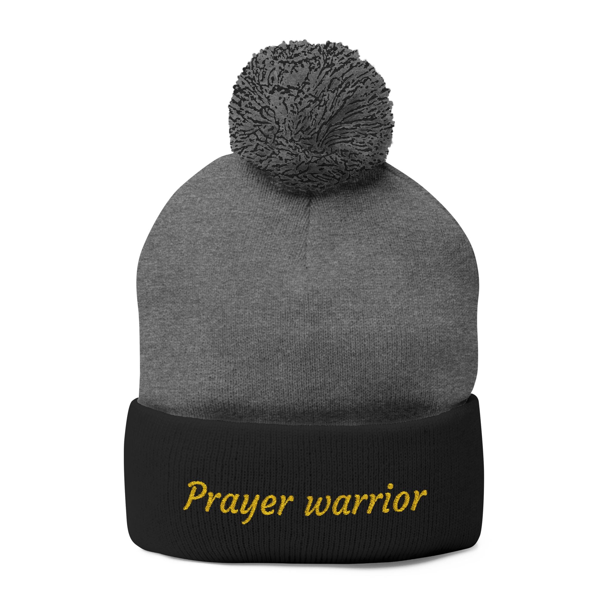 Prayer Warrior Pom-Pom Knit Cap — Embroidered Beanie Hat